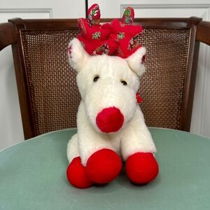 Christmas White Stuffed Reindeer with Red Antlers & Hooves & Red Ribbon